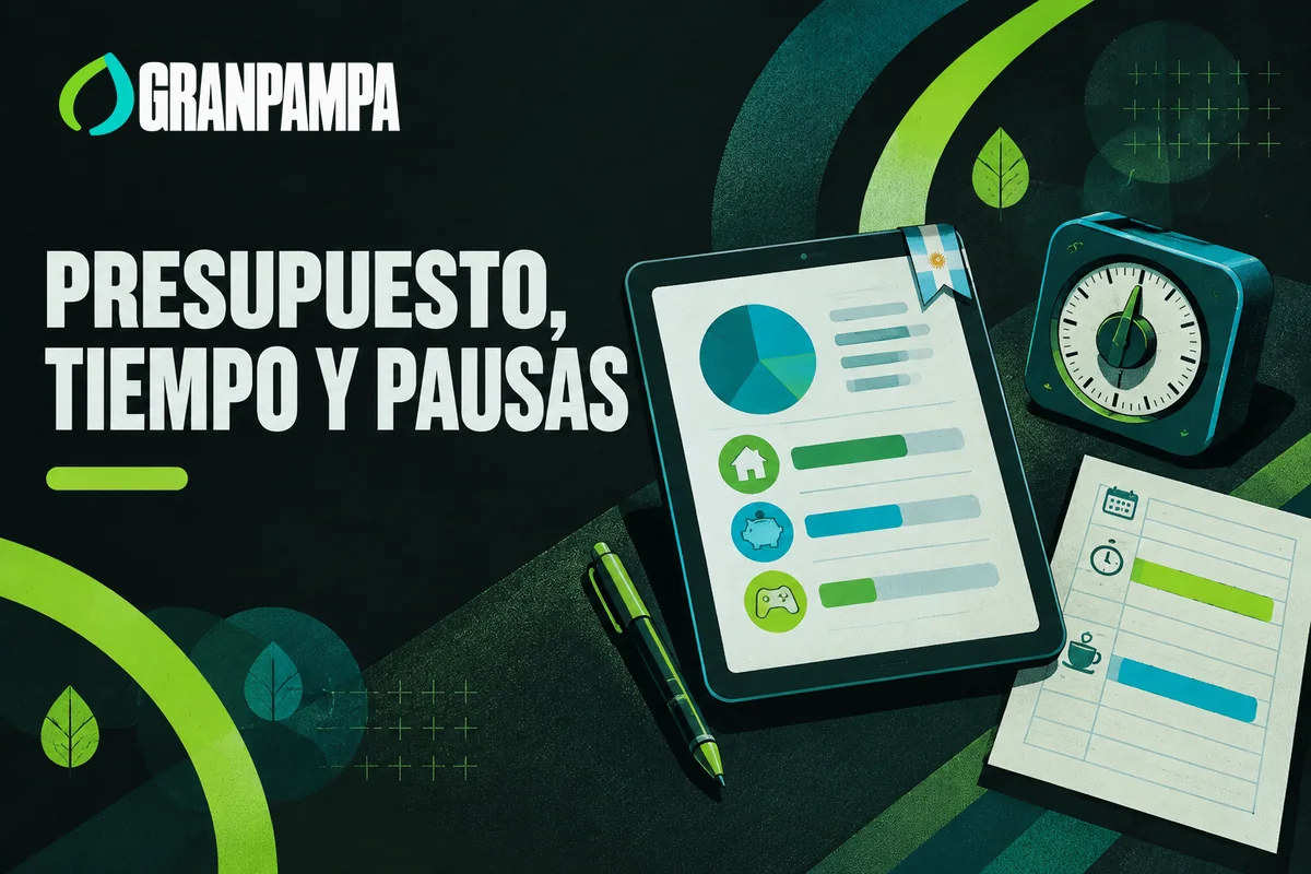 Presupuesto de entretenimiento junto a temporizador detenido y pausa programada.