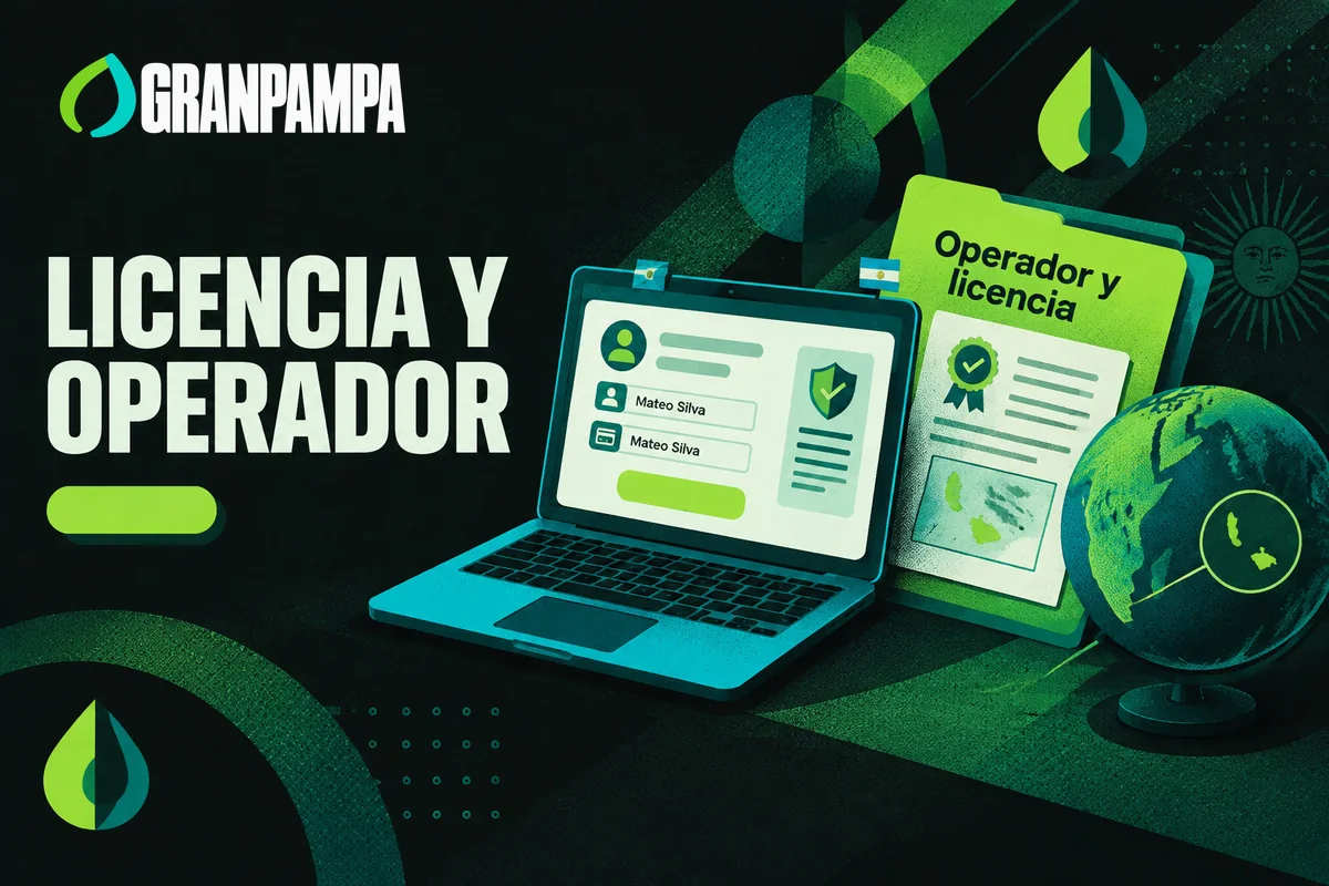 Laptop con registro y carpeta sobre operador y licencia.