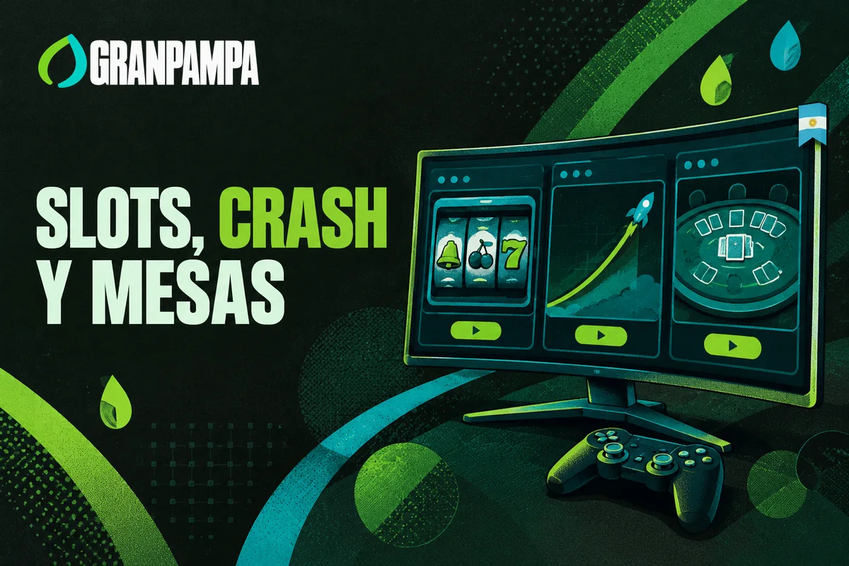 Monitor con tragamonedas, gráfico crash y mesa virtual de blackjack.