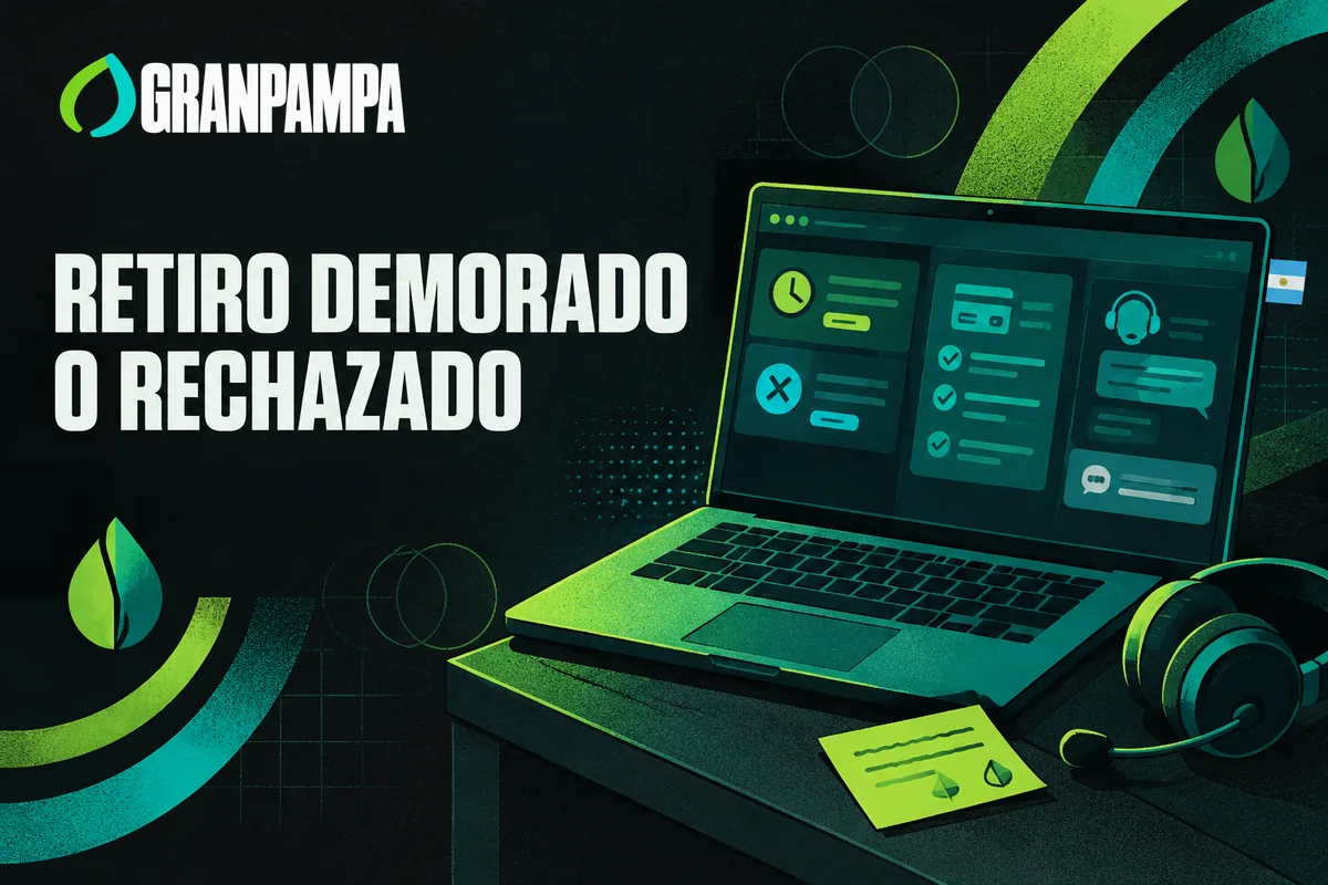 Laptop con retiros pendientes, solicitud rechazada y chat de asistencia.